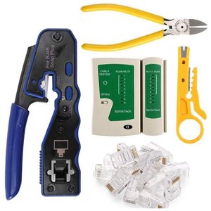 Conjuntos de herramientas de mano profesional RJ45 Kit de engarzado por cortador de engarzado para Cat6 Cat5e con 50PCS Conector Stripper Cable Tester y AlicatesProfessiona