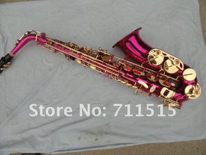 Estudiante profesional Alto E Saxofón de latón plano Rose Red Body Gold Key Sax Saxofón de tono Eb Instrumento de alta calidad con caja