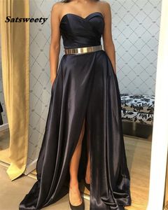 Robes de bal noir chérie sans manches fente latérale robes de soirée en Satin de haute qualité avec fermeture à glissière dos vestidos de fiesta noche