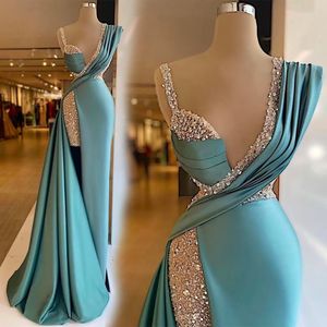 Vestido de fiesta de graduación Vestidos de noche de talla grande Formal Sirena Trompeta Apertura frontal/lateral Novio Sin mangas Cristal Con cuentas Lentejuelas Satén Plisado Nuevo Sexy Personalizado