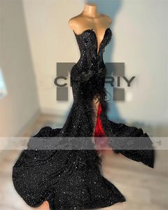 Vestidos de sirena de lentejuelas de graduación para niñas negras vestido de fiesta de cumpleaños de plumas de novia Sexy vestidos de noche con abertura alta