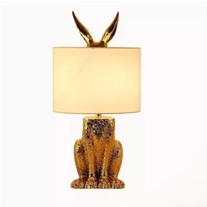Promoción de lámparas de mesa AC 110V Lámpara de mesa Pantalla de tela Lámpara de luces Diseño de animales dorados Lectura simple Luz de noche pequeña Iluminación de escritorio de resina