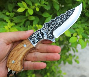 Promotion couteau de chasse à lame fixe 440C lames en satin pleine soie manche en bois couteaux droits avec gaine en cuir