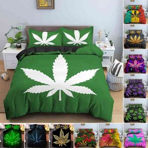 Juego de cama psicodélico con hojas de marihuana, funda de edredón de marihuana individual doble tamaño Queen King con funda de almohada, edredón de 2/3 Uds.