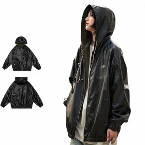 PU Chaquetas con capucha de cuero Hombres Mujeres Retro Street Baggy Abrigos de motocicleta American Street Loose Zip-up Outwear Primavera Unisex Tops h5vD #