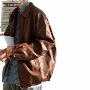 PU chaqueta de cuero de los hombres marrón retro chaqueta de la motocicleta otoño coreano Fi Fried Street suelta cremallera chaqueta de bombardero Learher abrigos r9mp #