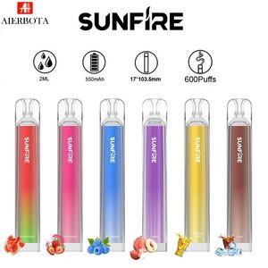 Puff 600 Sunfire Crystals 6 Color Disposable Vape E-cigarettes Cigarettes électroniques 400mAh Batterie 2,0 ml Bar de vapeur portable Portable 0mg 20mg 30mg 50mg