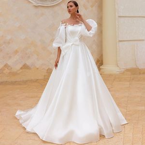 Robes de mariée à manches bouffantes Robes de mariée 2021 Appliqued Chic Satin Une ligne Plus Taille Plage Princesse Robe de mariée longue Robe de Noiva