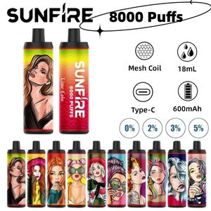 Barres de vape Puff Vapers jetables Sunfire Vape 8000 Puff Cartridge 600mAh Batterie Ananas Ice 18ML POD POD POD Stick Style ECIG Vaporisateur portable Prix d'usine