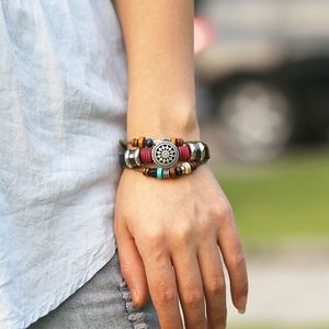 Pulseras de cuentas multicapa ajustables, pulsera de cuero con flores, joyería de moda para hombres y mujeres, envío directo de arena