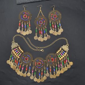 Pilovers 3 PC Indian Jewerly sets pour les femmes Boho Boho Boucles de cheveux ethniques Collier Oreilles Coins Tassels