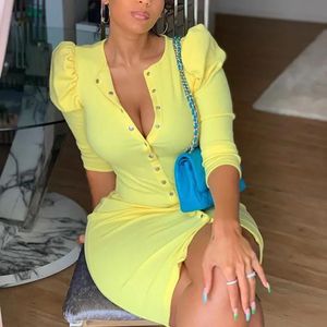 Paulures Bkld Robe d'été 2021 NOUVEAU Vêtements de mode Patchwork Couleur solide Couleur jaune à manches longues Bodycon Party Club Tenues pour les femmes