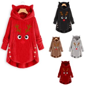 Jerseys Suéter de Navidad para mujer, jersey de talla grande S 5XL con capucha, oreja, botón de gato, tejido, invierno, ciervo, rosa, negro, grueso de gran tamaño, 2021