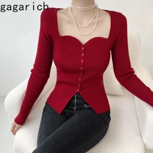 Jerséis Gagarich estilo francés Vintage Borgoña ajustado tejido manga larga cuello cuadrado cuello ondulado camiseta interior abotonada Top suéter de mujer