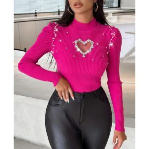 Pulls Pull en forme de coeur évidé pulls strass tendance diamant gaine chandails hauts femmes à manches longues Hollow Heart Knit Sweater