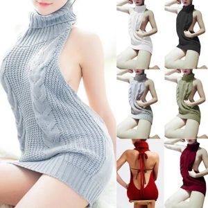Pulls Sexy femmes pull mode dos nu sans manches col roulé pull tricot pull vierge tueur Cosplay robe femme pull