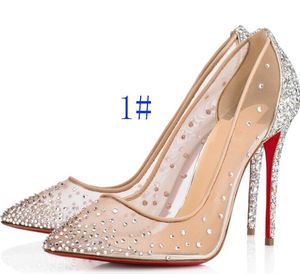 Bomba Tacones de novia Sandalias de diamantes de imitación con fondo rojo Zapatos de mujer Spikaqueen PVC con strass Punta cerrada Tacones de boda para fiesta Elegancia Mujer