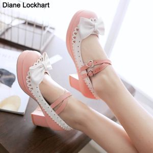 Pompes Lolita Girls Mary Janes Chaussures Bowknot Princess Ruffles High Heels Sweet Bride Wedding Party Robe Pumps Cosplay Pink Size 33 41