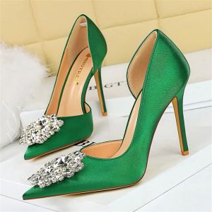 Pompes femmes 7cm 10,5 cm talons de haut Green Gold Pumps Lady Wedding Party Low Talons Bling Crystal Pointed Tee Silk Satin Nightclub Shoes