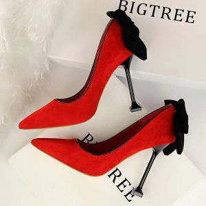 Pombas Mujeres Pombas Sexy Slim Talls High Shoes Women's Shoes Stiletto Heel Red Black Pink Leede Poined Toe Bow Farty Wedding Wedding Zapatos