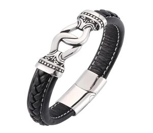 Punk Black Brailed Leather Pulsera de acero inoxidable Hebilla magnética Men Bracelets Bangles Rock Party Gifts SP018690773816119165