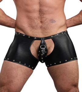 Punk Gothic Sexy PVC Shorts Men Black Wetlook Panties Hollow Out Gays Boxers Erotic Costume Pole Dance Faux Leather Game Uniforme Y4420097