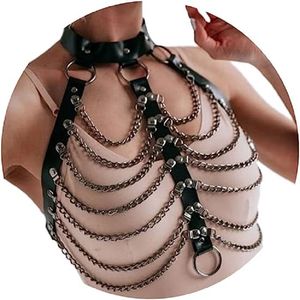 Chaîne de corps en couches punk soutien-gorge en cuir noir harnais en cage tour de cou chaînes de soutien-gorge gothique