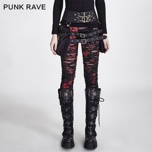 PUNK RAVE Gothique Femmes Brisé Mesh Leggings Haute Élastique Trous Crochet Respirant Déchiré Pantalon Noir Rouge Steampunk Charme Sexy 211215