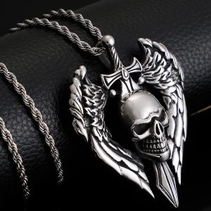 Punk Rock – collier avec pendentif crâne ailé en or blanc 14K pour hommes, accessoires de bijoux squelette gothique