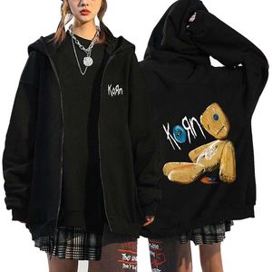 Punk Rock Band Hoodies Men's Korn Print Zipper Jackets Streetwear Y2K Sweats à capuche lâches Unisexe Casual Zip Up Cardigan