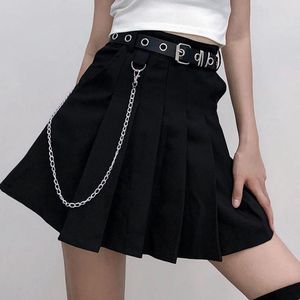 Faldas góticas de verano Punk para mujer, ropa de calle, informal, con cremallera, cintura alta, falda negra, Sexy, Mini plisado, cinturón libre, cadena