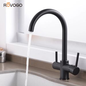 Purificateurs Rovogo Matte Noir Dual Handle Filtory Crane For Kitchen, 360 Rotation Water Filtre Tap Three Ways Sink Brouper Kitchen Faucet