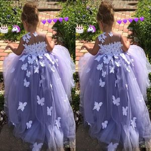 Púrpura Vestido de fiesta de 7 años Vestidos de niña de flores Tul Apliques florales en 3D Vestidos de desfile Mariposa Comunión Disfraces Disfraces293t