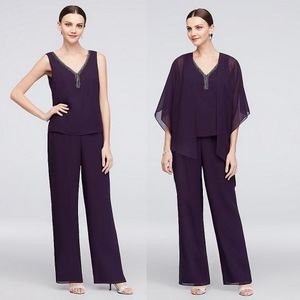 Purple Beaded Mother Of The Bride Pant Suits V Neck Three Pieces Wedding Guest Dress Plus Size Chiffon Mothers Groom Dresses