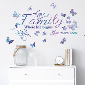 Adhesivo de pared con eslogan familiar inglés púrpura, Fondo de entrada de sala de estar, papel tapiz decorativo para decoración del hogar, calcomanías embellecedoras