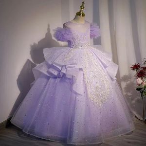 Robes de demoiselle d'honneur violettes 2024, épaules dénudées, robe de bal brillante, robes de concours de princesse en dentelle, appliques de première communion, robes de demoiselle d'honneur de styliste