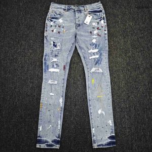 Jean violet jeans high street peinture baisée de peinture indigo réparation basse hauteur skinny détruire lavage jeans jeans baisse du prix de l'usine d'expédition