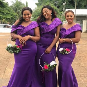 Purple Sirène Bridesmaid Robes One épaule Satin appliquée en dentelle élégante pour les femmes noires arabes africaines robe de soirée formelle invité de mariage BR010
