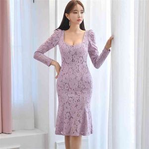 Púrpura Sexy Lace Korean Ladies Manga larga Cuello cuadrado Vestido de fiesta de oficina para mujeres Ropa de China 210602