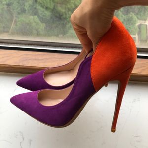 Zapatos de suela roja crhistian de gamuza púrpura Zapatos de tacón alto con punta estrecha para mujer Louboutin Sandalias con fondo rojo V Corte lateral Bombas de estilete sexy Vestido de fiesta tamaño 33-45