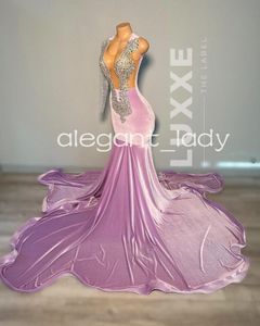 Vestidos de graduación de sirena largos de terciopelo morado para mujer, vestido Formal de Gala de noche de cristal con diamantes brillantes, transparente, negro, 2024