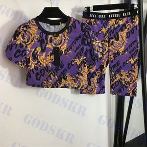 Violet Vintage survêtement lettre imprimé t-shirt femmes élastique Shorts hauts courts taille haute pantalon deux pièces ensemble