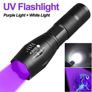 Lampe de poche à double lumière violette et blanche, torche ultraviolette, Zoom rétractable, lampe de poche UV, lampe d'éclairage de détection d'agent Fluorescent