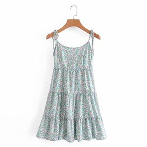 PUWD Sweet Woman Mint Green Flower Mini Sling Dress Summer Fashion Ladies Backless Beach es Girls Cute Ruffers 210522