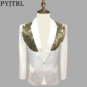 PYJTRL Blazer Hommes Élégant Blanc Or Wing Paillettes Slim Fit Brillant Blazers Party Prom Stage DJ Chanteurs Costume Veste Costume 201104