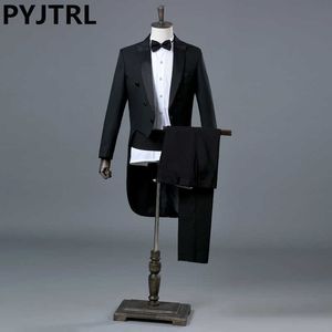 PYJTRL Inglaterra Caballero de dos piezas negro blanco novio trajes de esmoquin de boda baratos para hombres abrigo de cola clásico con pantalones Slim Fit X0909