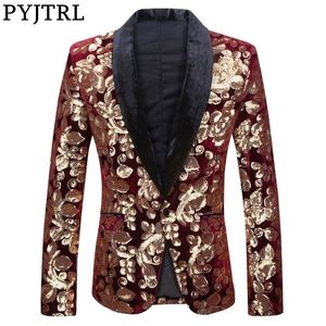 PYJTRL Paillettes Velvet Series Maschio Vino Rosso Velluto Oro Fiori Paillettes Blazer Plus Size Abiti da palcoscenico per cantanti Giacca 201104