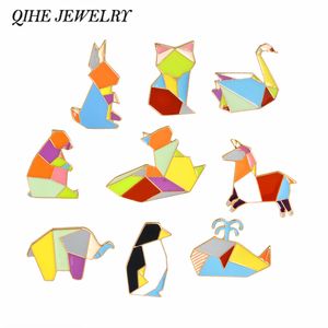 QIHE bijoux Origami animaux broches broches éléphant lapin ours écureuil baleine poney pingouin renard conception animaux bijoux