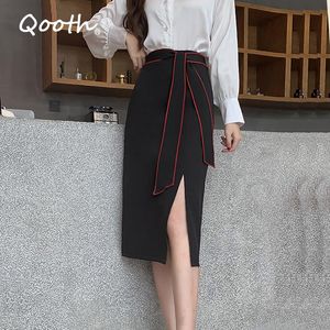 Qooth Office Lady Falda maxi negra Volantes irregulares Faldas divididas Verano Otoño Tallas grandes XXL Cintura alta Gasa Elegante QT066 210518