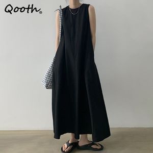 Qooth sans manches col rond pull longue robe solide Simple conception ample grande balançoire robe femmes tout match casual robe QT601 210518